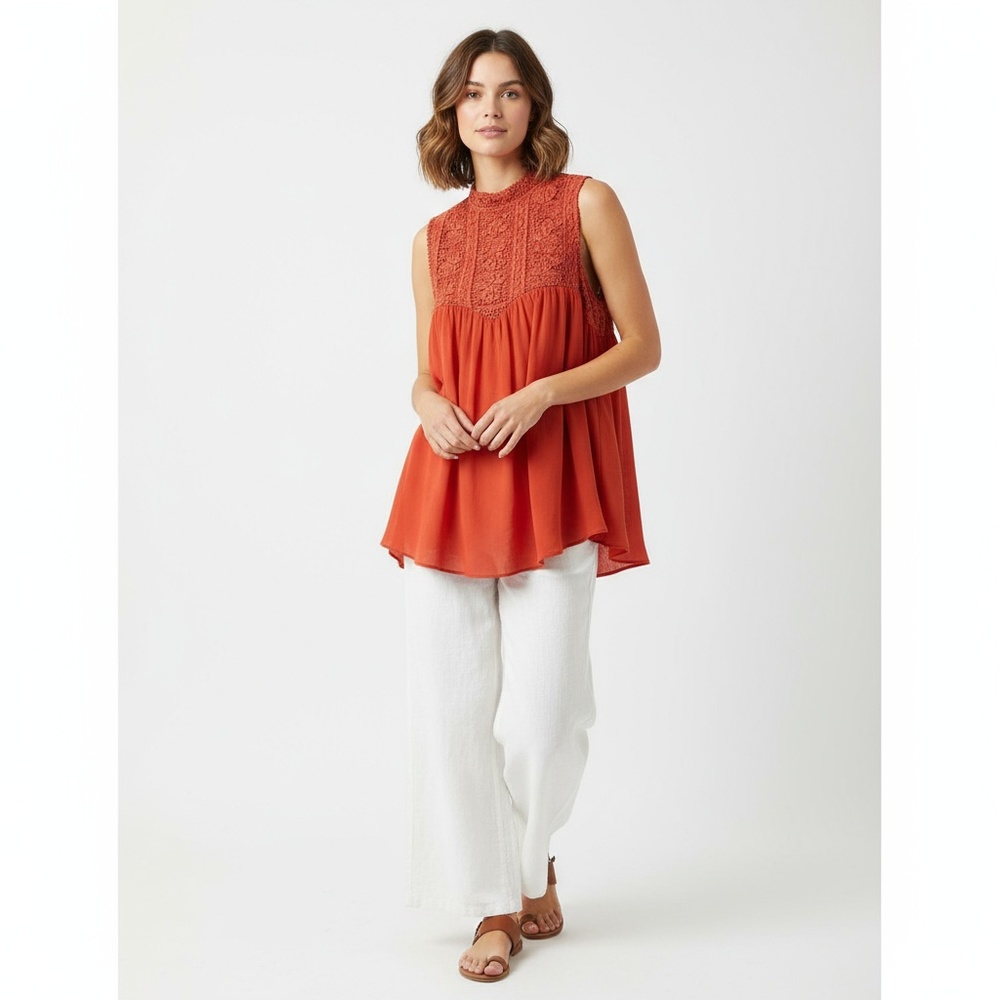 Love J Top Womens Burnt Orange Lace Yoke Crochet Trim Boho Chic Size S